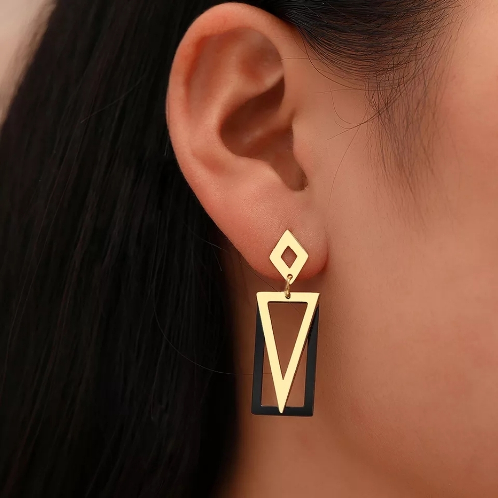 Black Rectangle Inverted Triangle Dangle Earrings